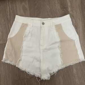 SHEIN White and Tan Jean Shorts with Distressed Hem